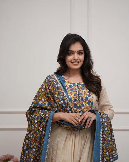 Designer Cream Anarkali Suit with Vibrant Floral Dupatta(RD43)